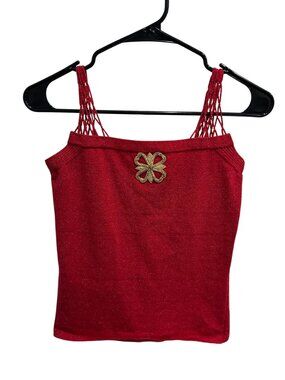 WR 9000 Red Metallic Silk Blend Crochet Strap Tank Top Size S Gold Floral Brooch
